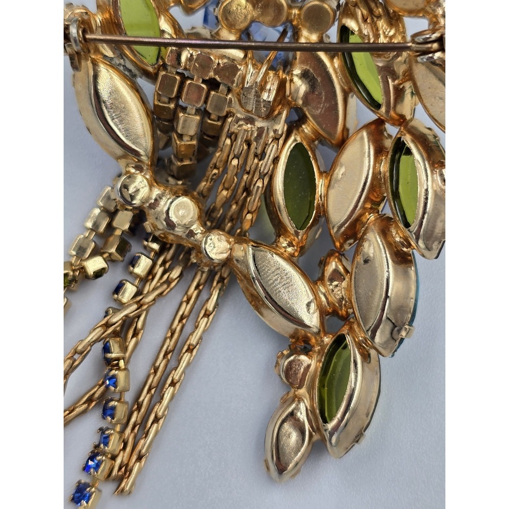 Vintage Mid-Century Blue‎ & Olive Green Rhinestone Cascade Brooch Pin 3" - Picture 9 of 12